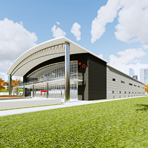Modern Butler hybrid steel building featuring a curved roof canopy, expansive glass façade, and integrated structural system—designed to support complex architectural requirements with coordinated performance and long-term durability.